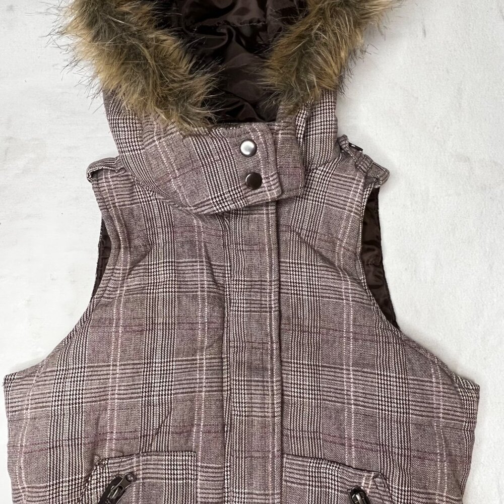 Charlotte Russe Plaid Puffer Vest Faux Fur Hood Brown S Snap Full Zip Pockets - Picture 5 of 16